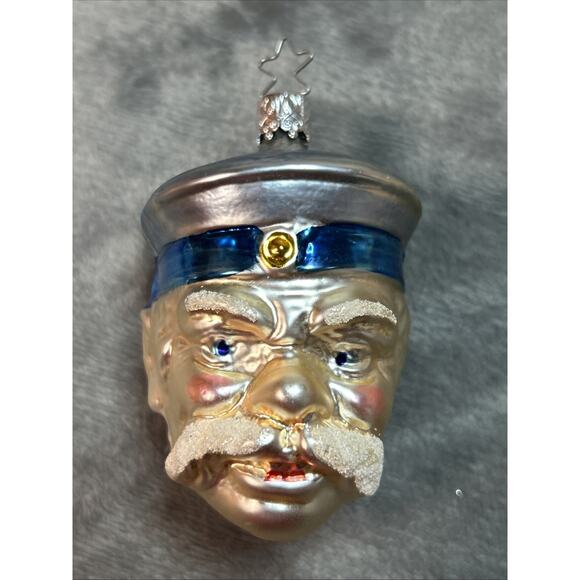Vintage Glass Sailor Nautical Boat Captain Mustache Man Head Christmas Ornament - Picture 1 of 6